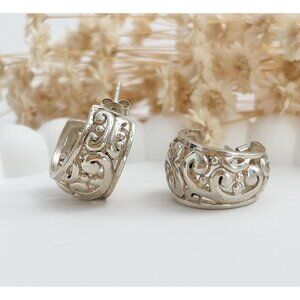 Filigree Style Sterling Silver Chunky Vintage Victorian Little Hoop Earrings